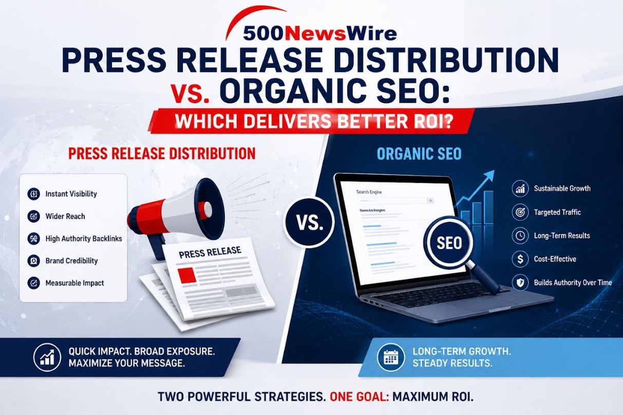 Split graphic comparing press release distribution vs. organic SEO for better ROI.